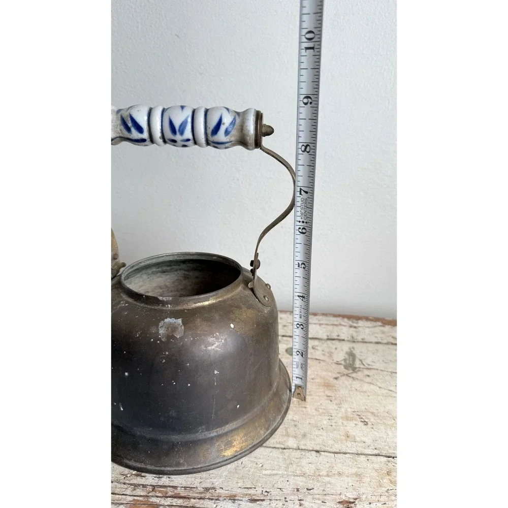 Antique Brass Tea Kettle Blue White Ceramic Handle Primitive Farmhouse